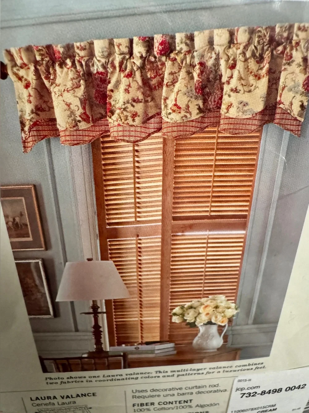 American Living Cream and Red Floral Window Valance with Plaid Trim